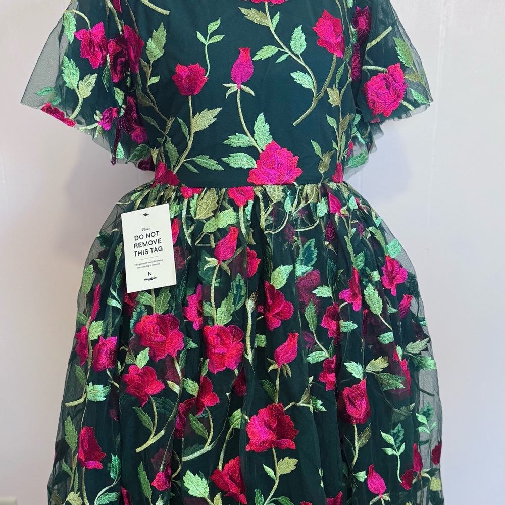 JessaKae Dark Green Midi Dress with Bright Pink Floral Embroidery